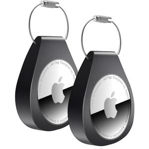 2 Pack AirTag Holders with Keychain - Secure Airtag Lock Case with Wire Cable Compatible with Apple AirTags for Keys, Luggage, Dog Collar, Backpack & More (Black)