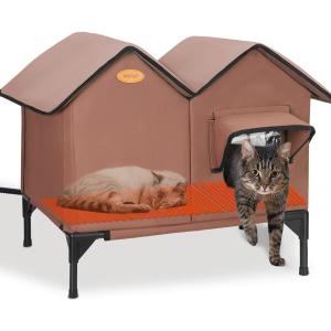 Heated Cat House for Outside in Winter Insulated Elevated Outdoor Cat House Weatherproof, Escape Door, Large Feral Cat Shelter Heated Bed for 2~3 Cats Stray Barn Kitty, Easy Assembly