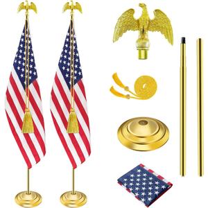 SENZHIYI Indoor Flag Pole Kit with Golden Eagle Topper - 6-8ft Stainless Steel Commercial Indoor Flagpole with Embroidered US Flag, Heavy Base for Home Office Government Department，Golden 2Packs