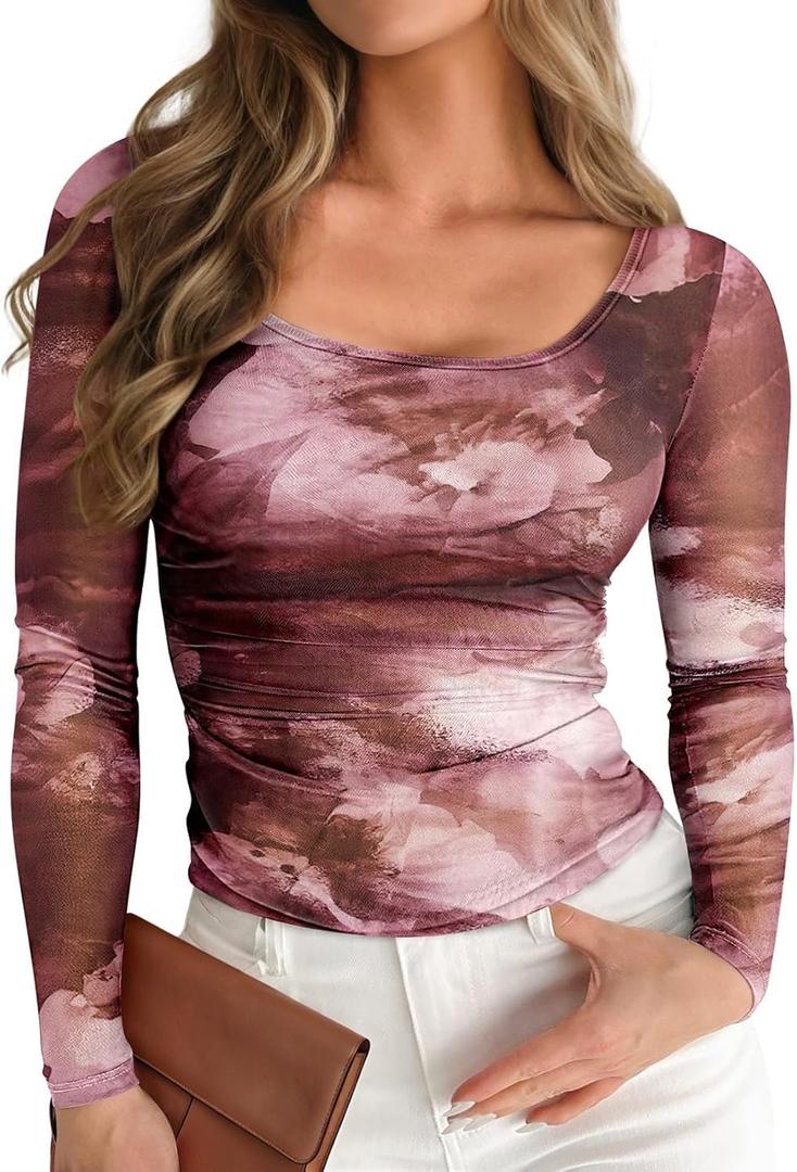 Pink Queen Mesh Top for Women Long Sleeve See Through Shirt Scoop Neck Sheer Blouse (Pink, XL)