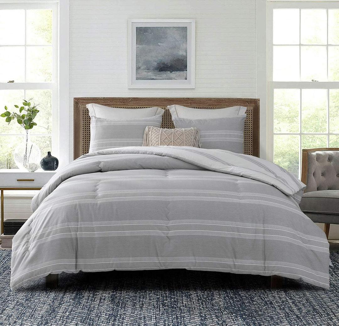 SLEEPBELLA Comforter Queen Size, 600 Thread Count Cotton Light Gray & White Stripes Reversible Pattern Grey Comforter Sets, Down Alternative Bedding Set 3Pcs (Queen, Grey Stripes)