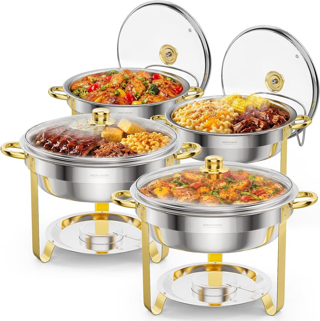 ROVSUN 6QT 4 Packs Chafing Dish Buffet Set Gold Accent, Round Stainless Steel Buffet Warmer Chafers and Warmers Sets with Glass Lid & Lid Holder for Catering Events Parties Weddings Dinners
