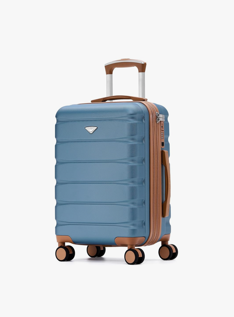 Carry On Suitcase Hardside Built In TSA Lock & USB Port Silent Double Spinner Wheels Maximum Overhead Carry-On Bag For American & United Approved Airlines( 22x14x9" Blue/Tan)