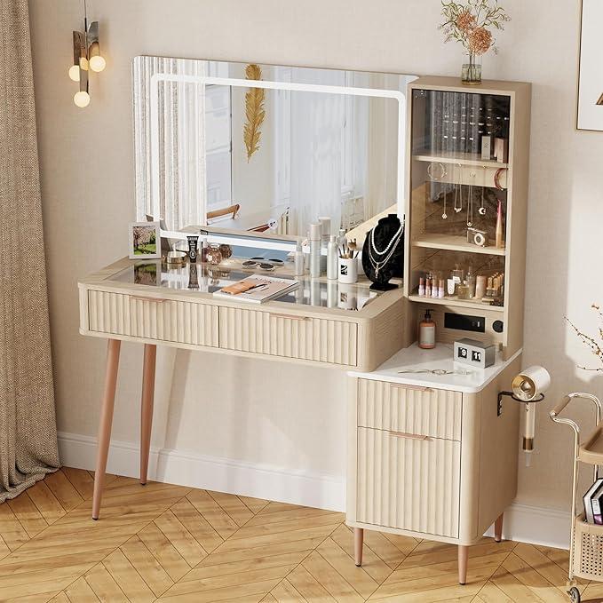 Fluted Makeup Vanity Desk with  Mirror and 3 Modes Lights, Glass Top Dressing Table with Jewelry Organizer Cabinet, Storage Cabinet, Drawers, Charging Station for Bedroom, Oak