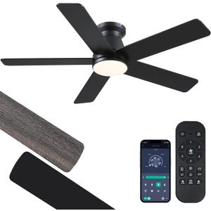CHESUR 46" Black Flush Mount Ceiling Fans - Low Profile Ceiling Fan Light with Remote/App, 6 Wind Speeds and 3CCT Dimmable, Modern Indoor/Outdoor Fan Light Fixture