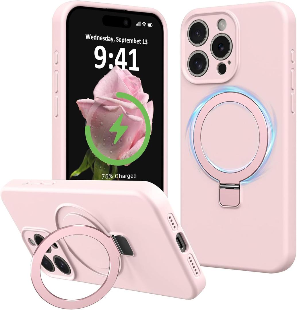 Compatible with iPhone 15 Pro Max Case Stand, Slim Full Camera Protection Liquid Silicone Phone Case Suitable for iPhone 15 Pro Max Compatible with MagSafe Ring Magnetic Kickstand, Pink