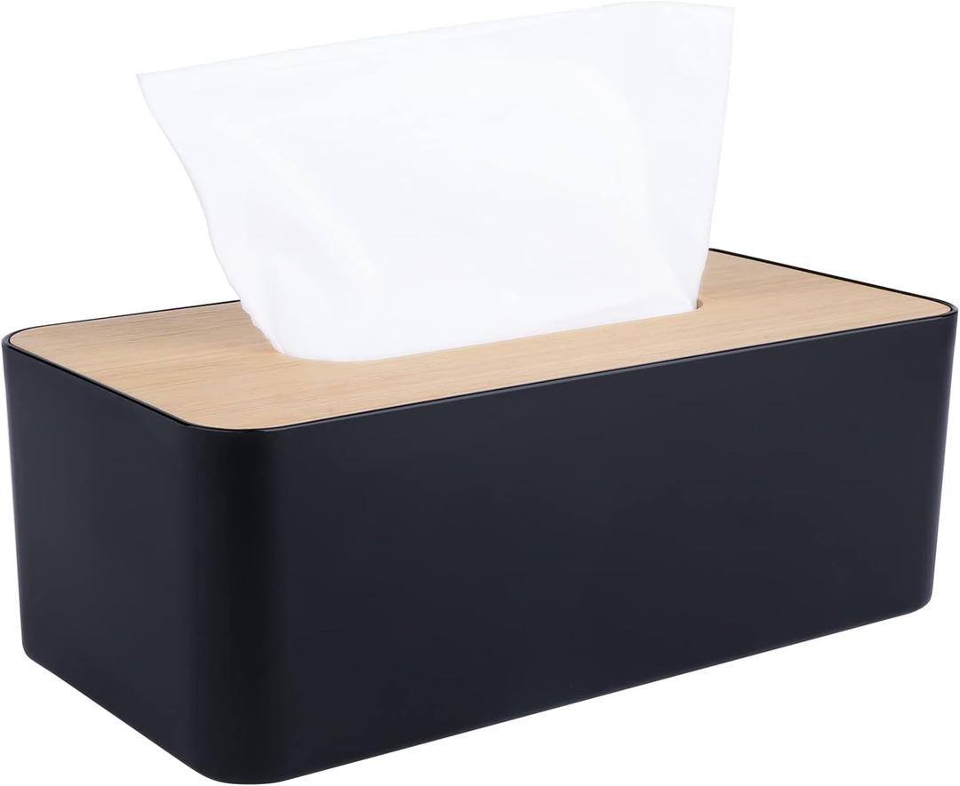 Modern Tissue Box Cover with Bamboo Lid, Tissue Holder,Rectangular Box Covers,for bedrooms, Offices, bathrooms, Living Rooms etc. (Black)