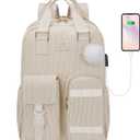 MATEIN School Backpack for Girls, 15.6 Inch Cute College Backpack Corduroy Computer Bookbag with USB Charging Port, TSA Lightweight Kawaii Travel Laptop Backpack Aesthetic for Teens Students, Beige