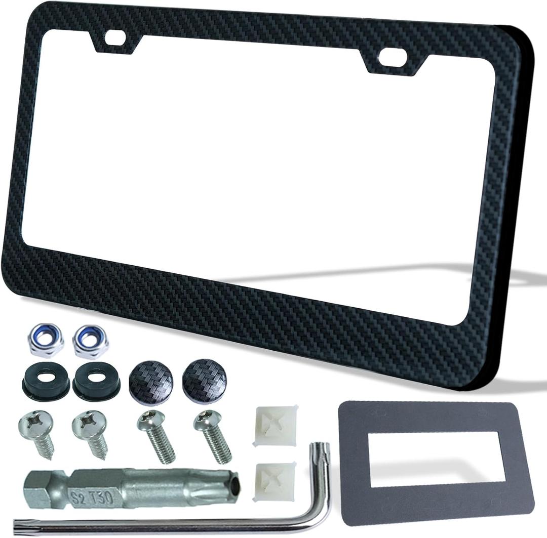 Carbon Fiber License Plate Frame, Carbon Patterns Printed Black Aluminum Plate, Upgraded 1.5mm Thickness, 2 Holes Wide Edge, Stainless Steel Anti-Theft Screws, Crash Pad, 1 Pack