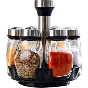 360 Rotating Spice Rack, 6PC Spinning Glass Spice Jars Suitable for kitchen countertops, spice storage, cooking, outdoor BBQ,(Spices Not Included)