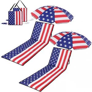 Briwooody 2 Set 4th of July Patriotic Beach Chairs with Umbrella American Flag Portable Beach Lounger Lightweight Foldable Outdoor Lounger Chair for Outdoor Travel Sunbathing Camping