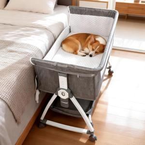 YUEPET Bedside Dog Bed Sleeper, 6-Level Adjustable Pet Bassinet with Lockable Wheels, Removable Washable Cover, Breathable Mesh & Large Storage Extension for Small Medium Dogs Cats (35'' 21.7''