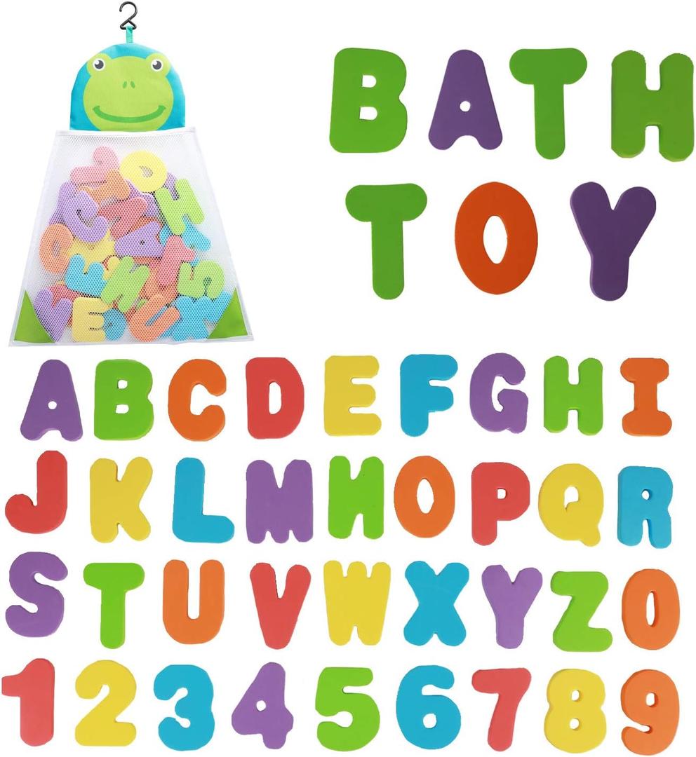 Bath Toys Organizer + 36 Soft Foam ABC 123 Letters & Numbers Bathroom Alphabet Baby Toys for Early Learning Foam Letters and Quick Dry Storage Net Bag (Blue)