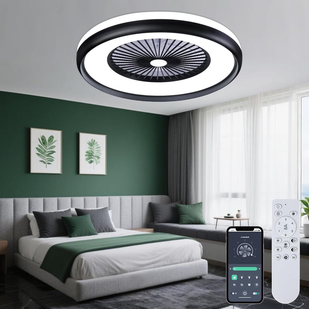 24" Bladeless Ceiling Fan with Light Remote, Low Profile Ceiling Fans with App Control, Smart Modern Ceiling Fans with Lights, 3 Dimmable LED Light for Bedroom, Living Room Back (Black)
