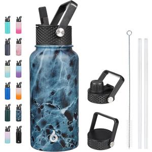 BJPKPK Insulated Water Bottles with Straw Lid, 27oz Stainless Steel Water Bottle with 3 Lids, Leak Proof BPA Free Metal Thermos, Mugs, Tumblers, Keep Cold Hot -Ocean