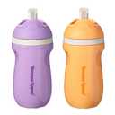 Tommee Tippee Insulated Sporty Spill-Proof Straw Cup, 12 Months+, 9oz, Toddler Training Sippy Cup, Sporty Carry Handle, Bite Resistant Spout, Flip Lid Keeps Straw Clean, Pack of 2, Purple and Orange (9 Ounces (Pack of 2), Purple/Orange)