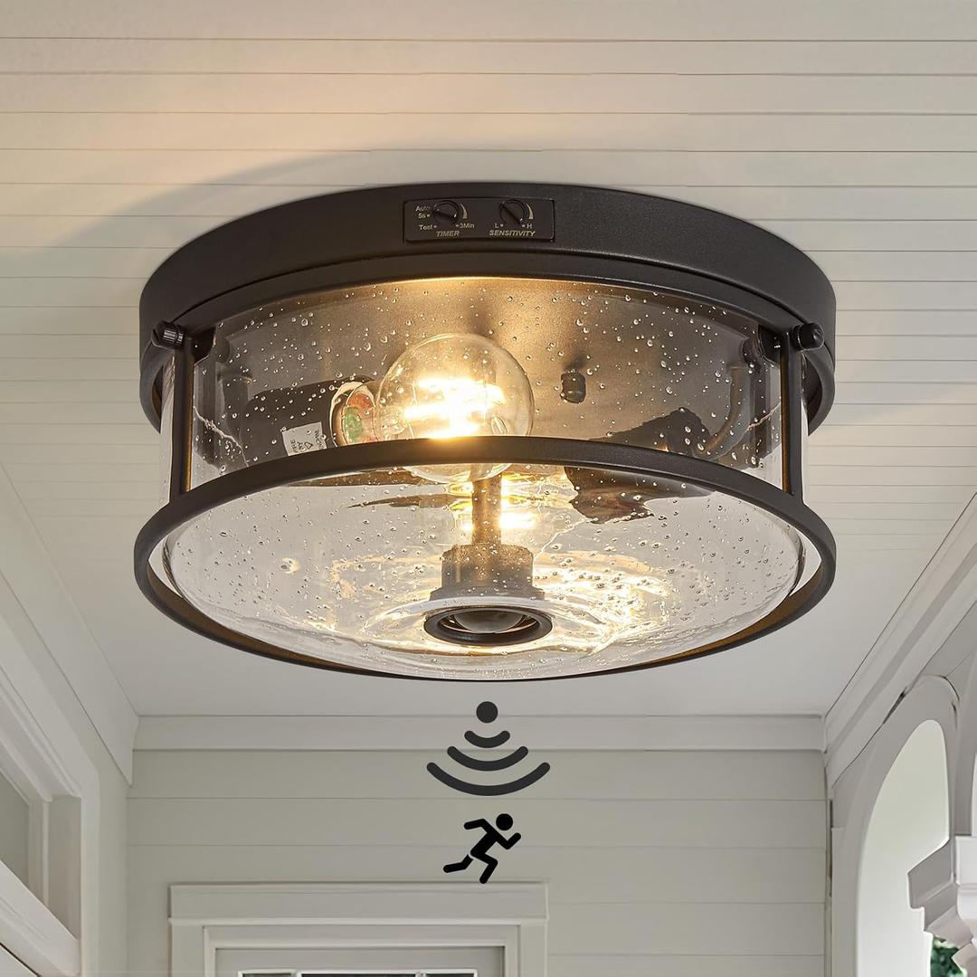 Outdoor Ceiling Light with Motion Sensor, 2-Light Flush Mount Ceiling Fixture, 3 Adjustable Lighting Modes, Flush Light Fixture for Porch, Garage, Entryway, Patio, Bulb Not Included, Matte Black