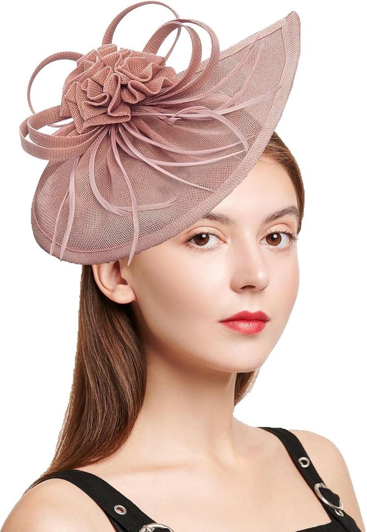 Women Hats Accessories Kentucky Derby Tea Party Fascinators Wedding with Feather Flowers Headband Clip Pink