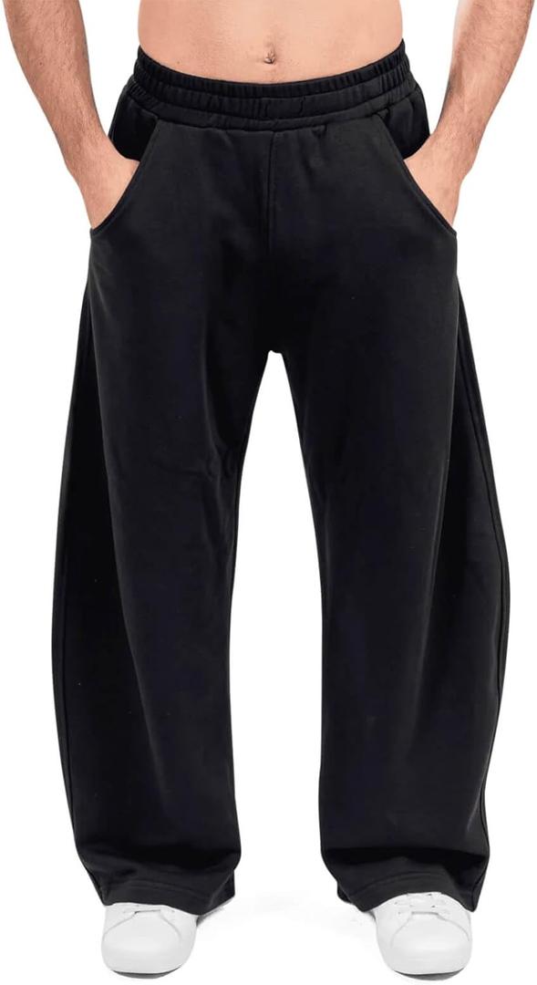 HeSaYep Men's Fleece Baggy Sweatpants Wide Leg Barrel Sweat Pants Lounge Athletic Gym Pants with Pockets (Large, Black)