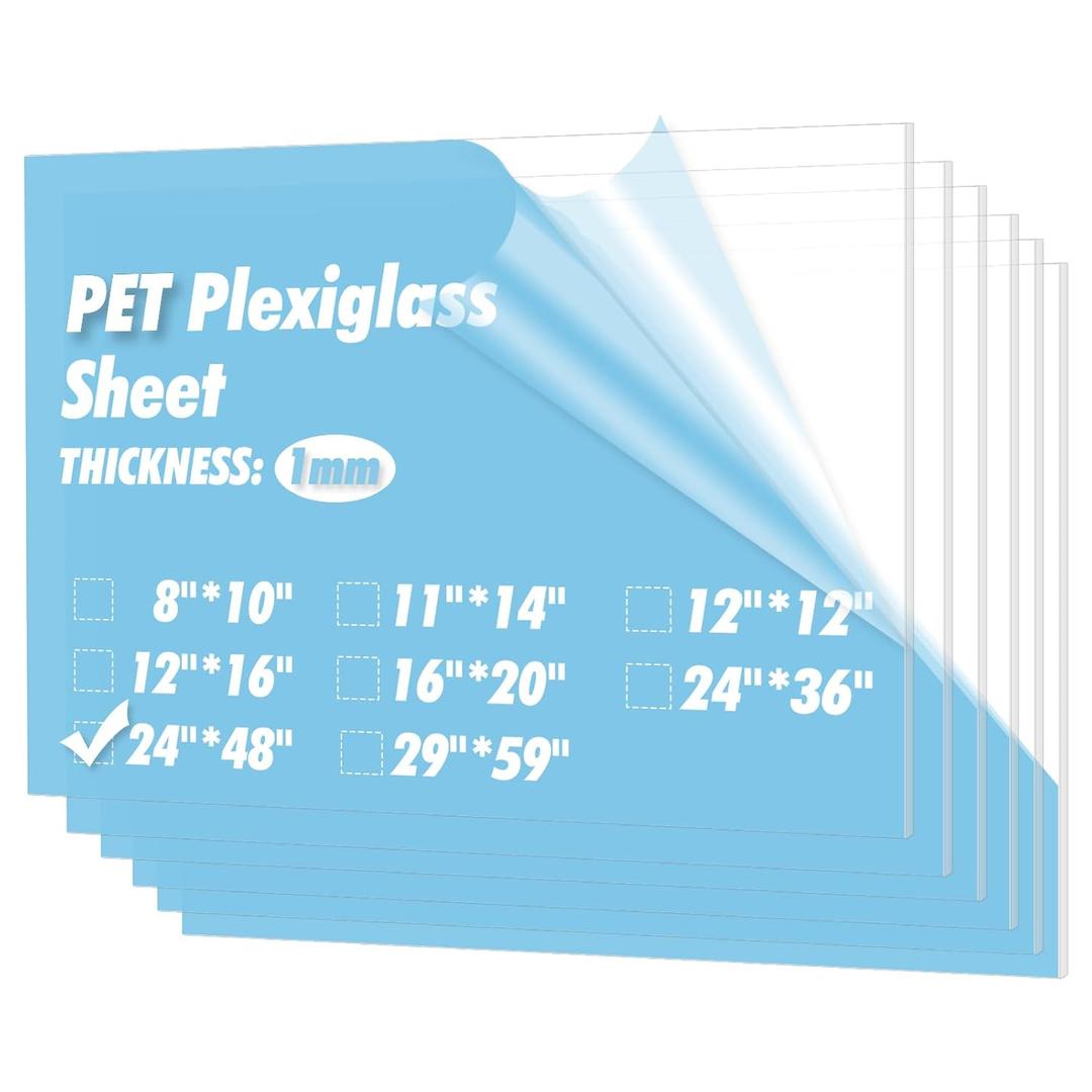 Art3d 5-Pack of 24×48" PET/Plexiglass Sheets, Transparent Clear Flexible Plastic Sheet Panels for Craft, Picture Frames, Sign Blank, DIY Display Project