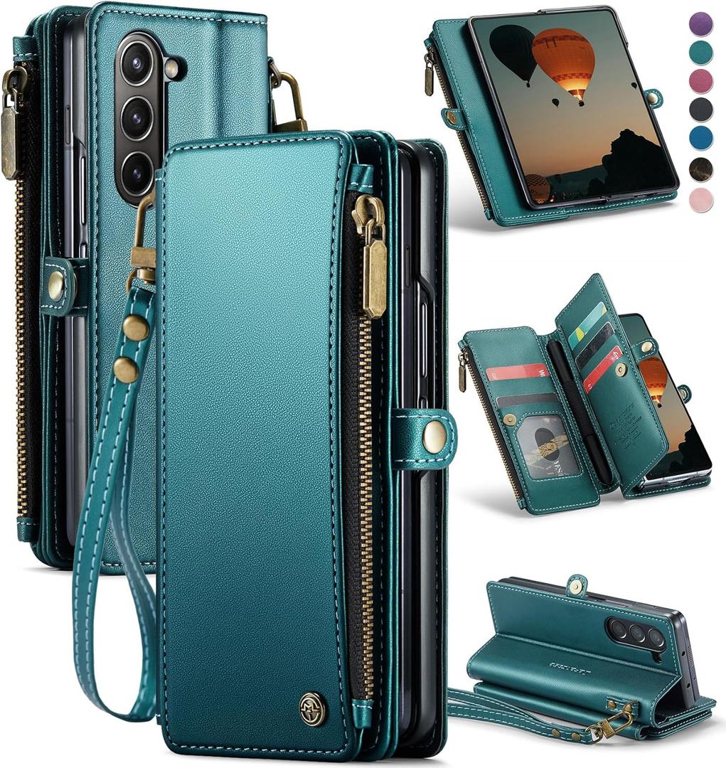 Defencase Wallet Case Compatible with Samsung Galaxy Z Fold 5 with RFID Blocking Card Holder & S Pen Holder PU Leather Magnetic Snap Flip Zipper Strap Phone Case Fit for Galaxy Z Fold 5, Blue Green