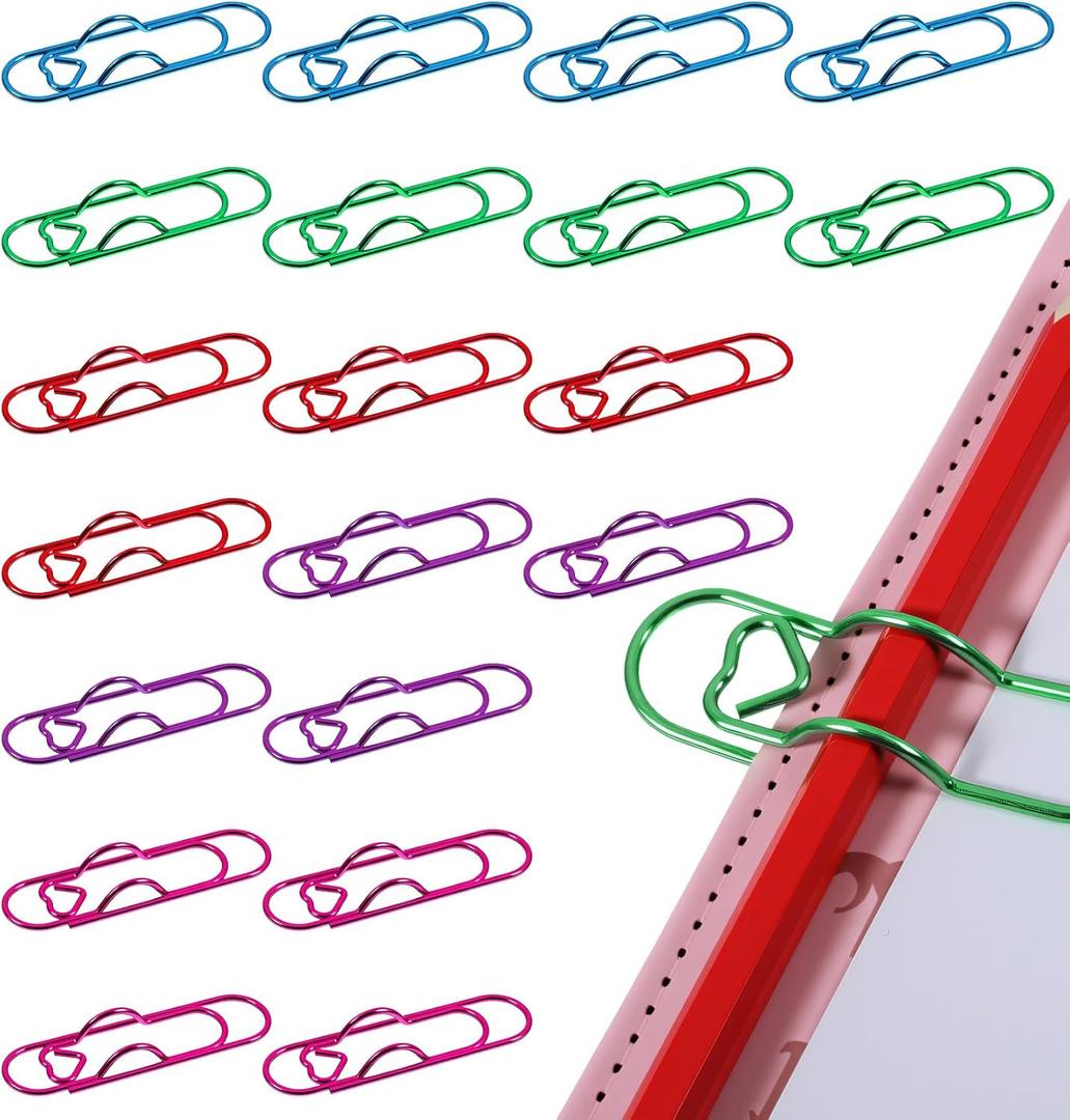 20PCS Pen Clips for Notebook, 5 Colors Heart Pen Clip for Notebook, Suitable for School Office Supplies (Pink Red Purple Green Blue)