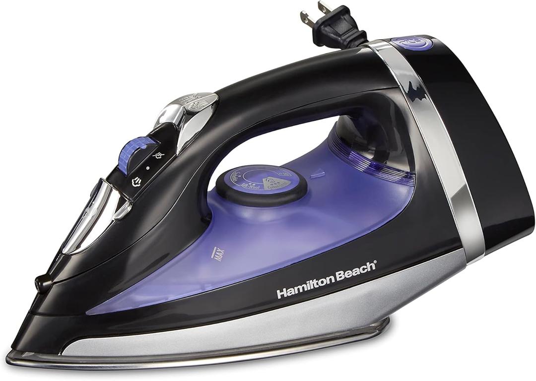 Hamilton Beach Steam Iron for Clothes & Garment Steamer with Smooth Press Stainless Steel Soleplate, 1200 Watts, 8’ Retractable Cord, Black (14214)