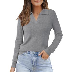 Arach&Cloz Womens Wool Blend Collared Polo Pullover Spring Sweaters Business Casual Outfits 2026 (Large, Dark Gray)