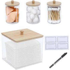 4 Pack Qtip Holder Dispenser with Bamboo Lids & Disposable Face Towel Holder Set, Clear Storage Bins for Facial Cloth, Vanity Makeup Storage Organizer, Bathroom Essentials Accessories Decor