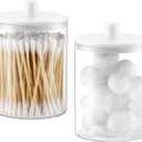 TIPGO Glass Qtip Holder Dispenser for Bathroom - 10 oz Clear Canister Apothecary Jar for Cotton Swabs, Balls, Pads, Floss Picks, Small Containers for Makeup Storage Organizer (2 Pack, White)