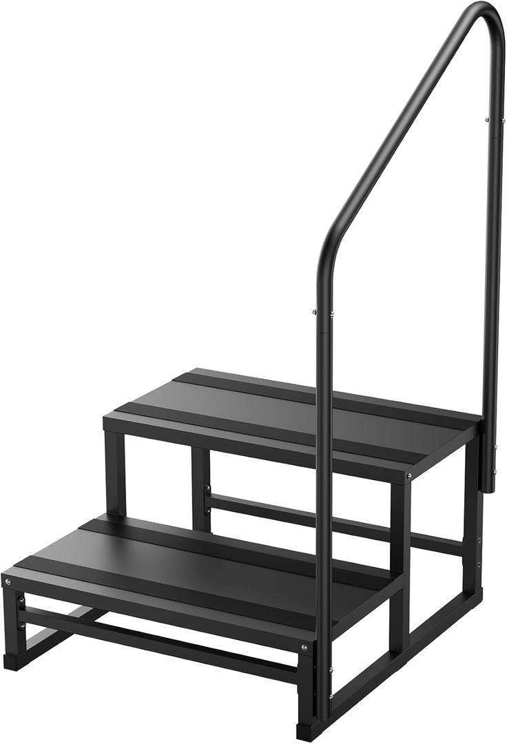 YOLANDO RV Steps with Handrail, 2 Steps RV Stairs w/Handrail for Elderly & Kids, Wide Platform for Hot Tub, Camper, Mobile Home, Porch, Pool, SPA, Pet Stairs, Outdoor and Indoor Use