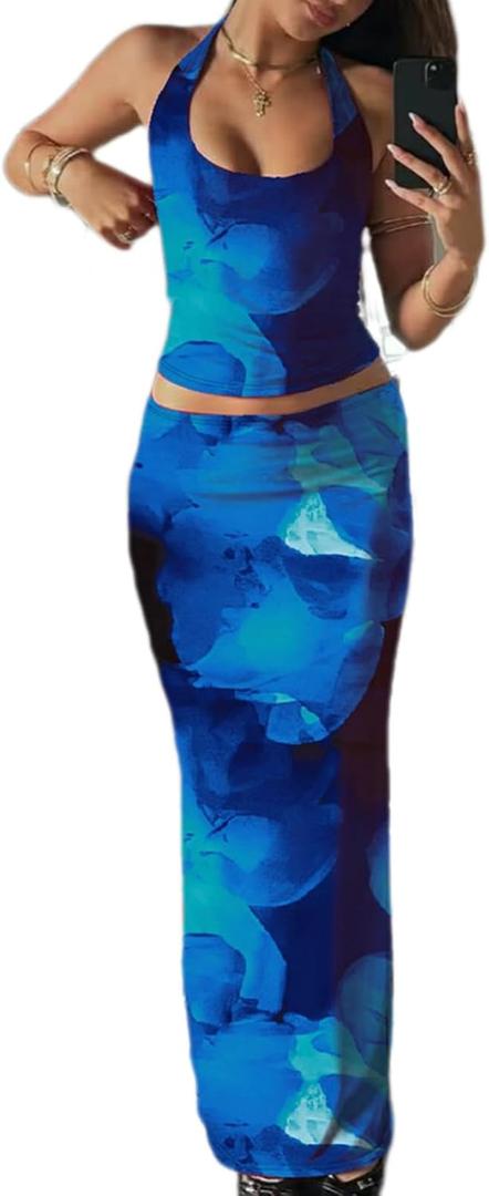 ksotutm Two Piece Sets for Women Maxi Skirt Set Printed Halter Top and Maxi Skirt Going Out Outfits (Small, Blue)