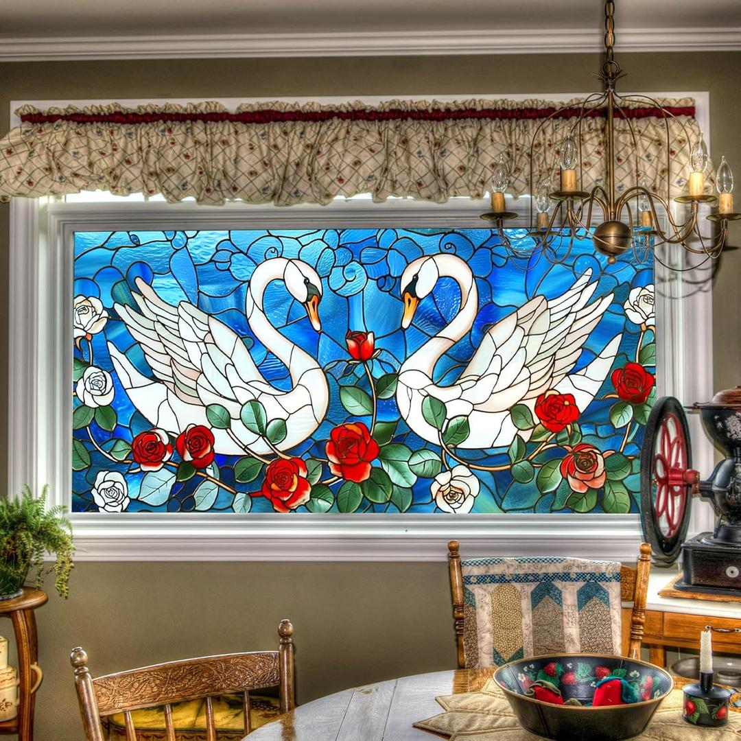 Swan Rose Stained Glass Window Film Elegant Birds Floral Decorative Glass Sticker Privacy Window Clings for Home Living Room Bedroom Office 39.3  17.7 Inch