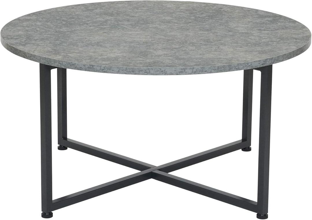 Household Essentials Jamestown Round Coffee Table Rustic Slate Concrete and Black Metal (Grey)