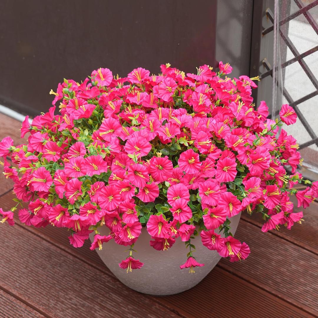 Artificial Flowers for Outdoors, UV Resistant Fake Silk Morning Glory, Realistic Faux Plants for Outside Porch Patio Window Box Hanging Planter (12, Hot Pink)