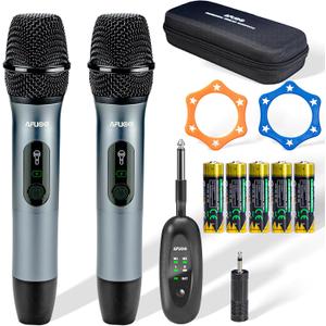 Wireless Microphone Set for Singing, Speeches & Events, 2.4GHz Dual-Mic Receiver, 200ft, Storage Bag Included, Metal Cordless Mic 2 Pack for Karaoke Machines, PA Systems, PartyBox, Gray-Blue