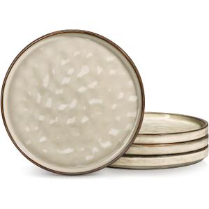 LIANYU Ceramic Plates Set for 4, 7.9In Porcelain Dinner Salad Appetizer Plates for Kitchen, Modern Round Stoneware Dining Dish Set, Scratch Resistant, Microwave, Oven and Dishwasher Safe, Sandy Beige