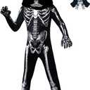 Kids Halloween Skeleton Costume, Hooded Skeleton Jumpsuit Bones with Mask for Boys and Girls Halloween Cosplay Costume Party (6-7 Years, Black)