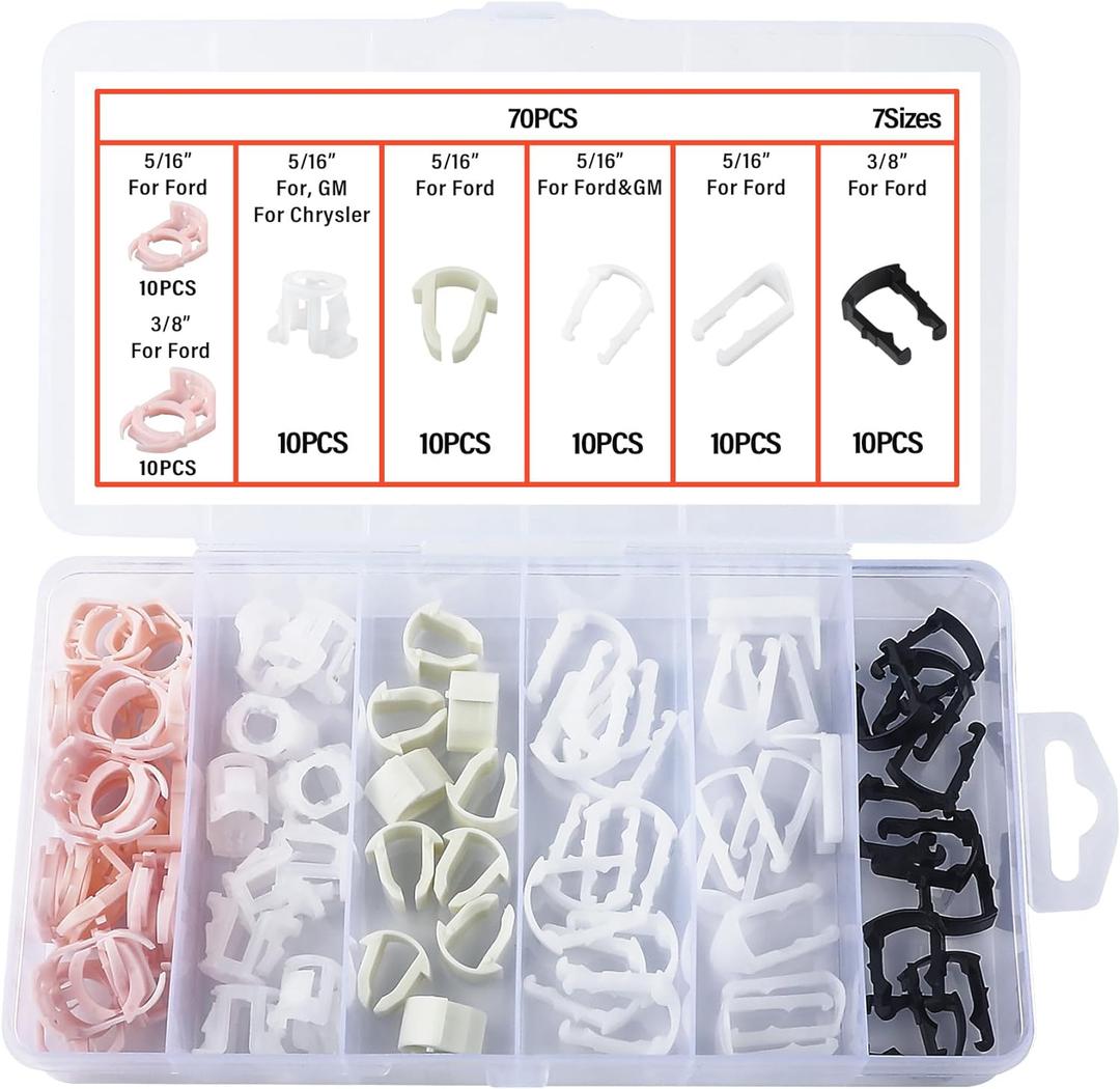 70PCS Car Fuel Line Clips,7 Size Nylon Fuel Line Repair Kit Replacement 3/8" & 5/16" Fuel Line Clamp, Durable Fuel Hose Retainer Clips Compatible with Ford GM Chrysler