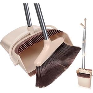 Broom and Dustpan Set, Long Handle Stand Up Broom and Dust Pan Combo, Self-Cleaning with Dustpan Teeth, Indoor&Outdoor Sweeping, Ideal for Dog Cat Pets Home Use (Beige & Brown)
