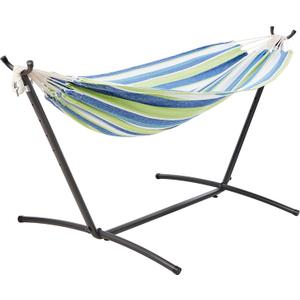 Amazon Basics Double Hammock with 9-Foot Space Saving Steel Stand and Carrying Case, 2 Person, 450 lb Capacity, Cotton Polyester, Oasis Stripe, 110" x 47" x 43"