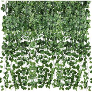 CEWOR 48 Pack 7 Feet Artificial Ivy Garlands, Fake Vines Greenery Hanging Plants Green Leaves Backdrop for Room Bedroom Wall Decor, Jungle Themed Party Wedding Decorations
