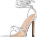 PiePieBuy Women's Lace Up Heeled Sandals Square Flip Flop High Heels Strappy Party Shoes (9, White)