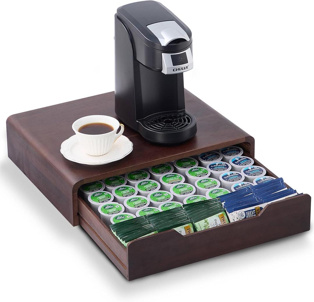 Acacia Wood Coffee Pod Organizer, K Cup Holder Organizer for Counter, K Cup Drawer Coffee Maker Machine Stand, 35 Pack K Pod Holder, (black walnut)