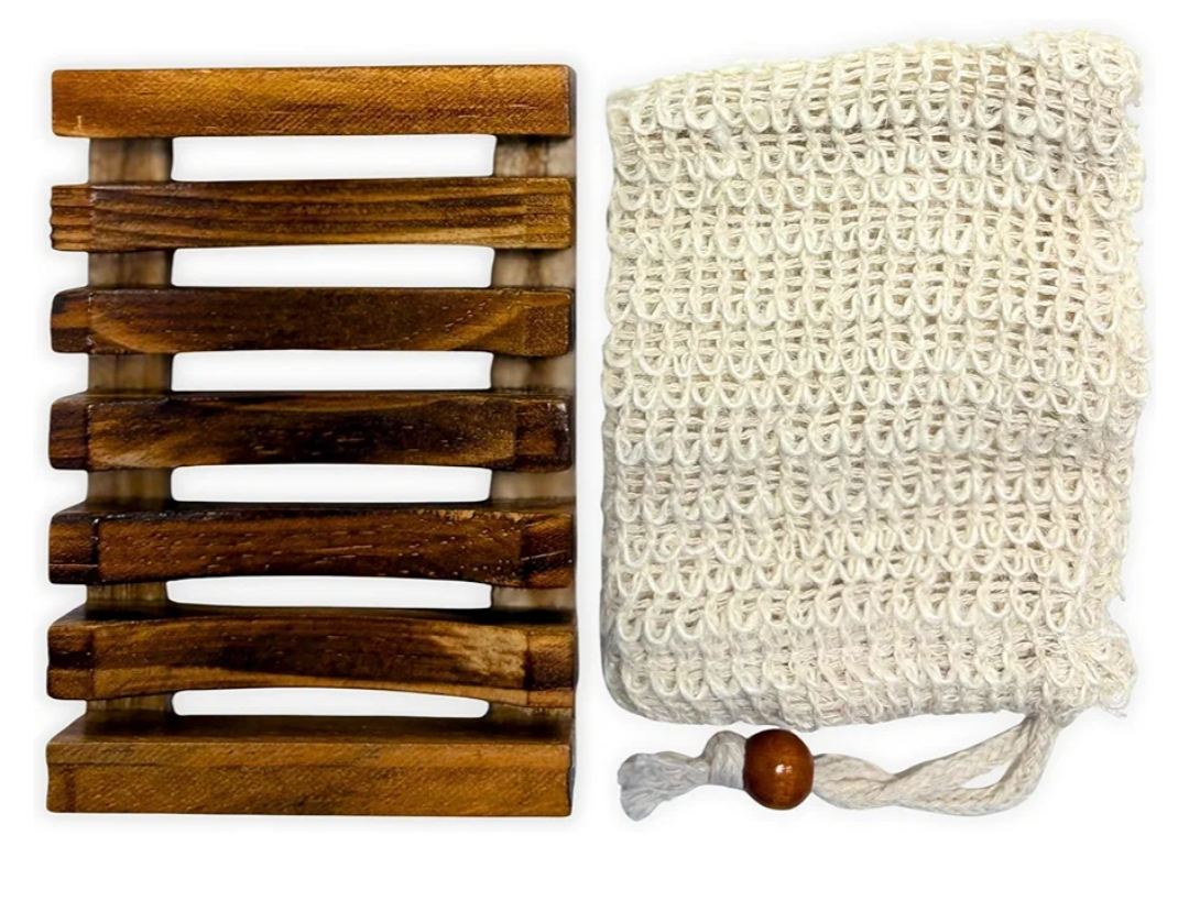 Natural Wooden Soap Dish & Sisal Exfoliating Pouch Set – Eco Soap Saver Holder & Soap Tray – Plastic-Free Bathroom, Shower & Kitchen Accessories – Sustainable Bath Gift