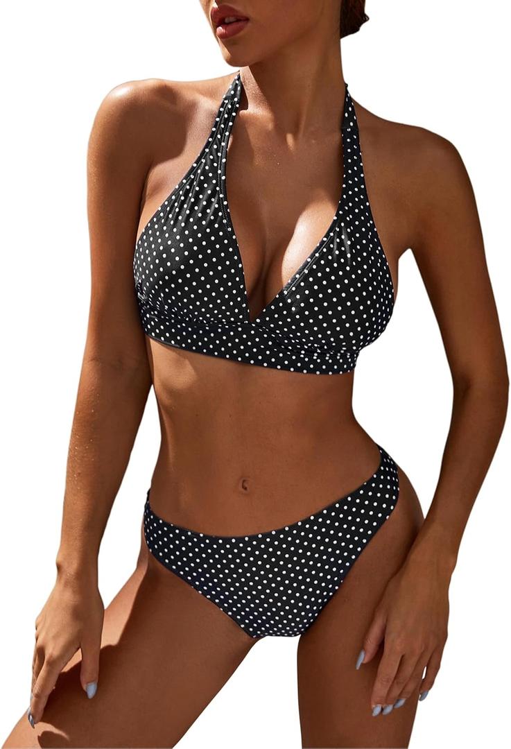 Women's Mid Rise Bikini Suit Halter Neck V Tie Push Up Front Classic Polka Dot Two Swimsuit, S