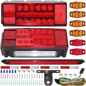Boat Trailer Light Kit, IP68 Submersible LED Trailer Tail Lights with 3rd Brake Light Bar, Stop Turn License Side Marker Lights, 25FT Wiring Harness, DOT FMVSS108 for Over 80" Truck RV Camper