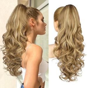 REECHO Ponytail Extension, 24" Claw Clip Ponytail Extension Wavy Ponytails Hair Extensions Jaw Clip on Pony Tails Natural Synthetic Hairpiece for Women Daily, Medium Blonde with Blonde Highlights