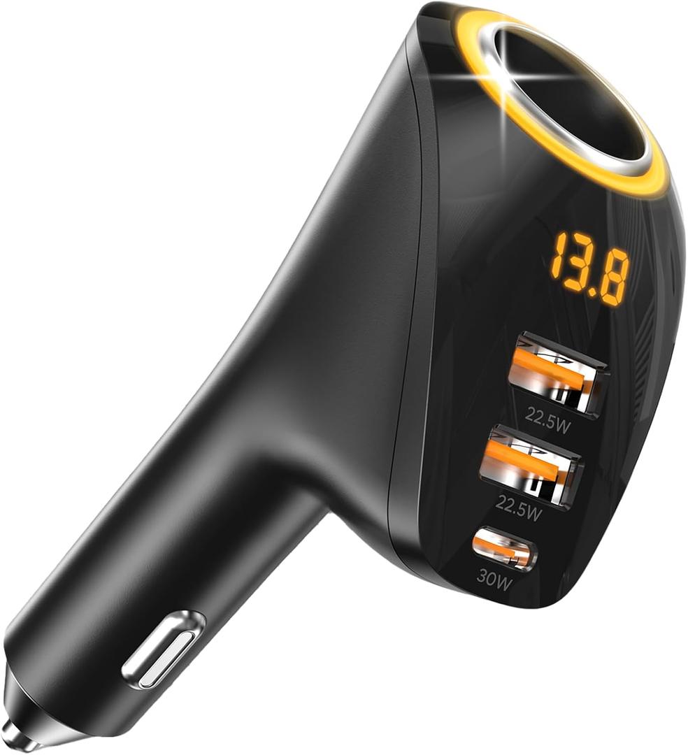4 IN1 215W Cigarette Lighter Adapter, Car Charger,Type C Dual USB Cigarette Lighter Splitter with LED Voltage Display, Car USB Charger Multi Port for iPhone 17/16/15 Pro Max, Android, Samsung Galaxy.