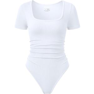 OQQ Women Bodysuits Ruched Short Sleeve Square Neck Stretch Lounge Travel Bodysuits (White, S)